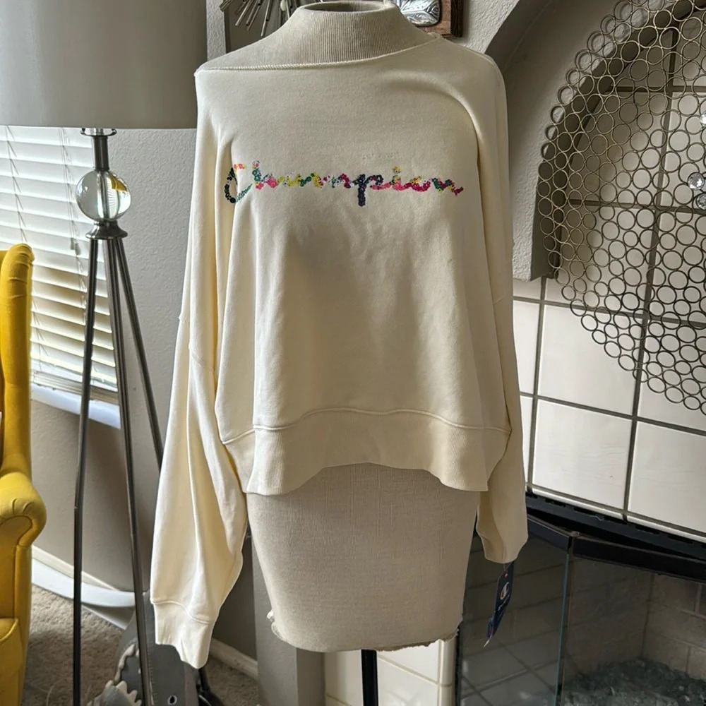 Champion Womens Beige French Terry Logo Crew Neck Long Sleeve Sweatshirt LG